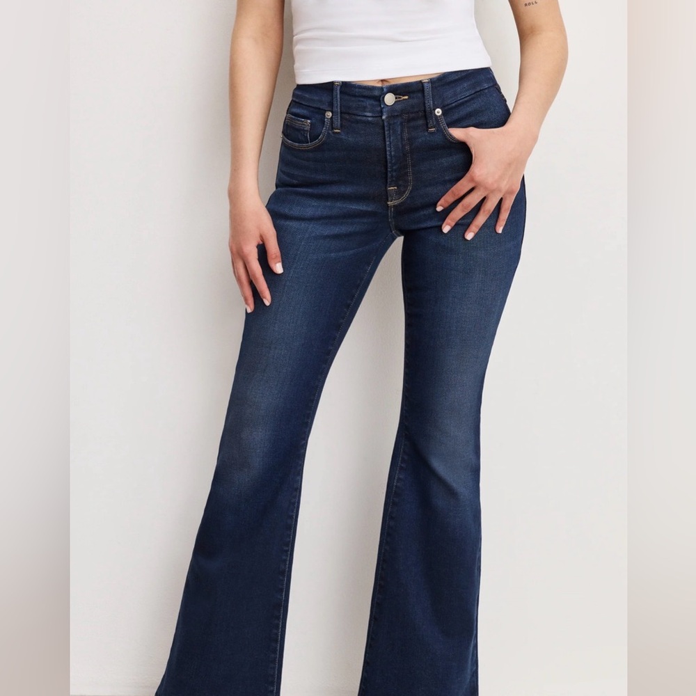 Dolly Joleans Petite Flare Jeans- Good American -Dark Blue Indigo- NWOT